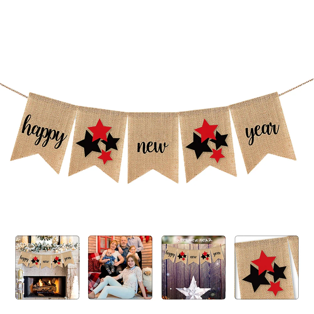 

Happy New Year Latte Banner Linen Bunting Party Decoration Pull The Flag Swallowtail