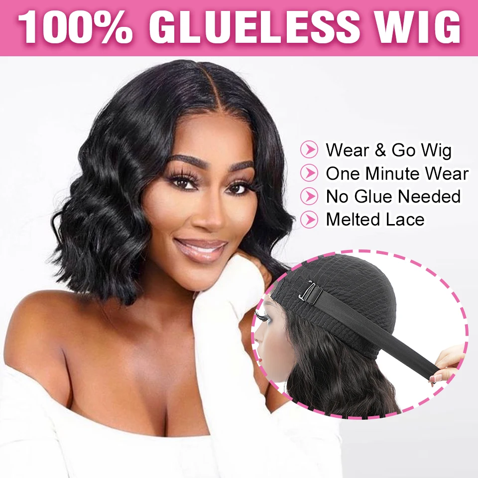 

Wear And Go Glueless Human Hair Wig Bob 180% Density Body Ocean Wave Short Bob 4x4 Lace Front Pre Plucked Human Wigs Ready To Go