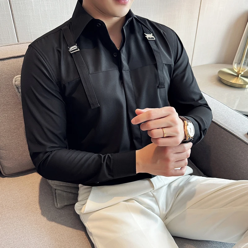 2024 Strap Decoration Casual Shirt Men Summer Long Sleeved Casual Business Dress Shirts Social Party Tuxedo Blouse Men Clothing