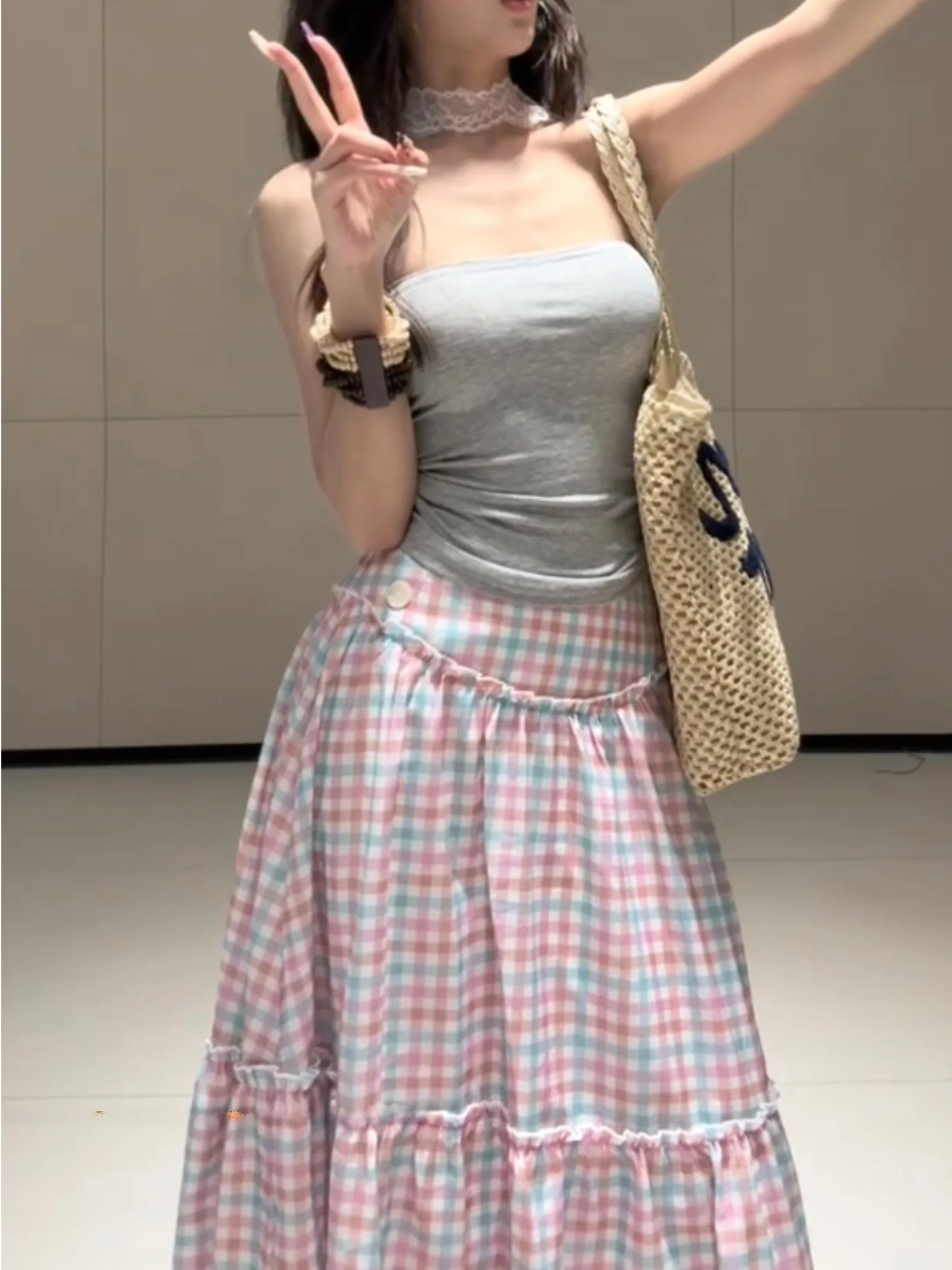 Karierter Maxirock mit hoher Taille für Damen, Frühling und Herbst, Vintage-Stil, schmaler A-Linien-Rock, lange F-Körperröcke, Röcke mit weitem Bein