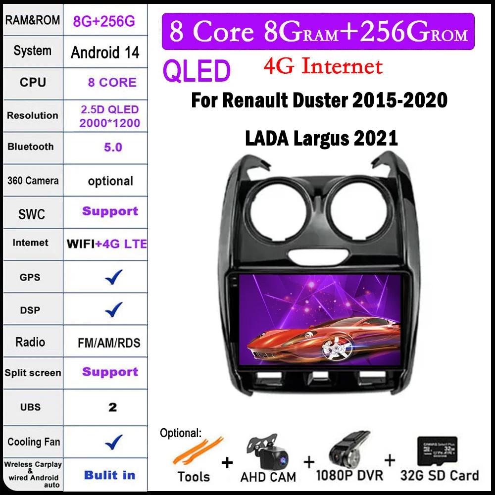 

Автомагнитола для Renault Duster 2015-2020, LADA Largus 2021, Carplay, автомобильный мультимедийный стерео видеоплеер, GPS-навигация, QLED, 4G, DSP