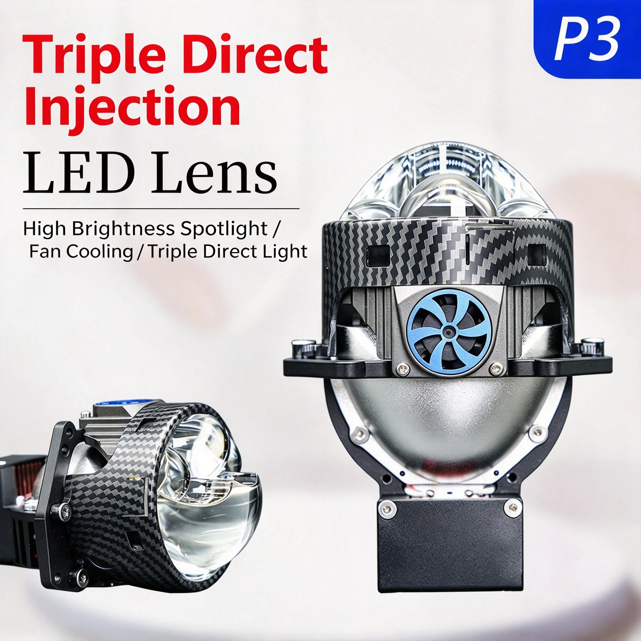 NXY P3 3 Inch LED Bi LED Projector Headlight Copper Gear Dual Fan Triple Direct Laser Beam High Power Retrofit Headlamp for Cars