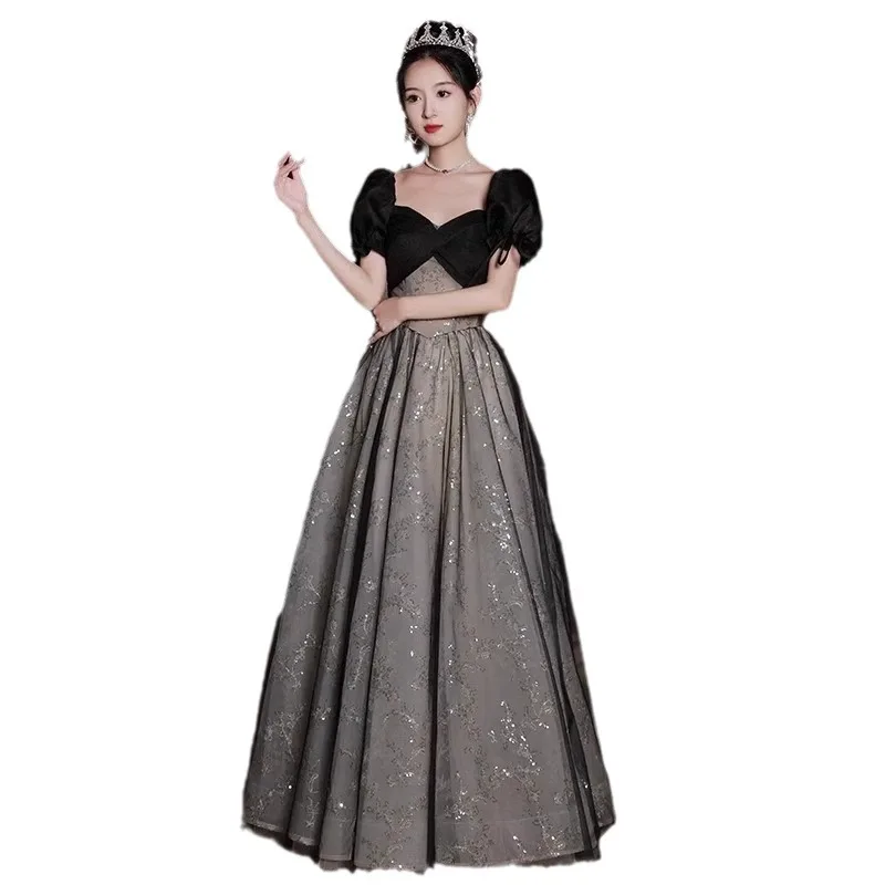 French Style Black Evening Dress Elegant Off Shoulder Puff Sleeves Quinceanera Dresses Shiny Applique A-line Long Prom Gown