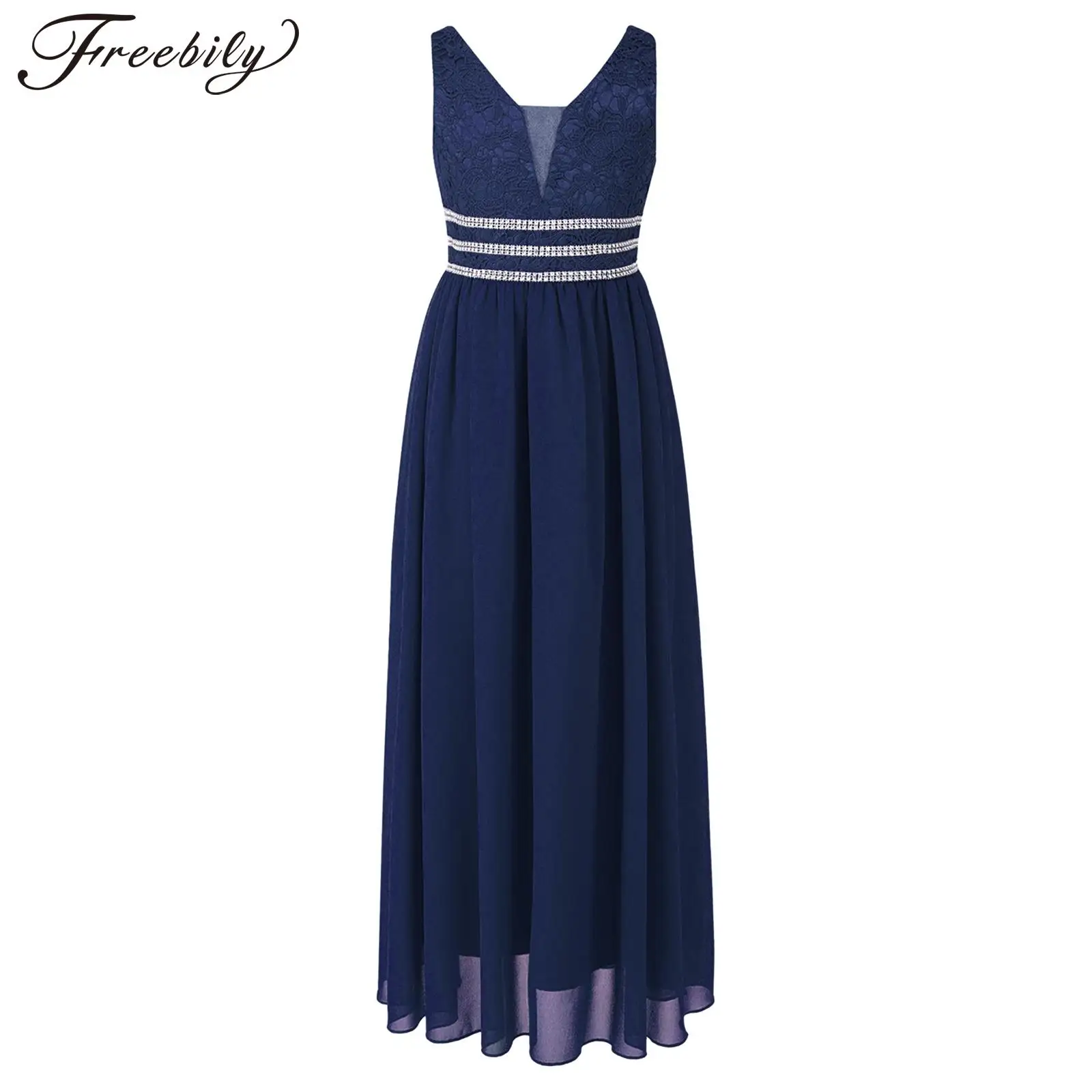 

Navy Blue Long Chiffon Dress for Kids Girls Sleeveless V Neck Elegant Dress for Celebration Wedding Evening Party Wear Costume