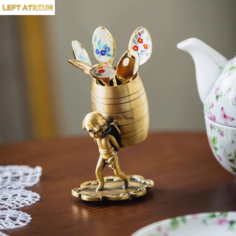 Brass Angel Backpack Storage Pendant Coffee Spoon Fruit Fork Storage Can Home Living Room Dining Table Decoration Ornaments