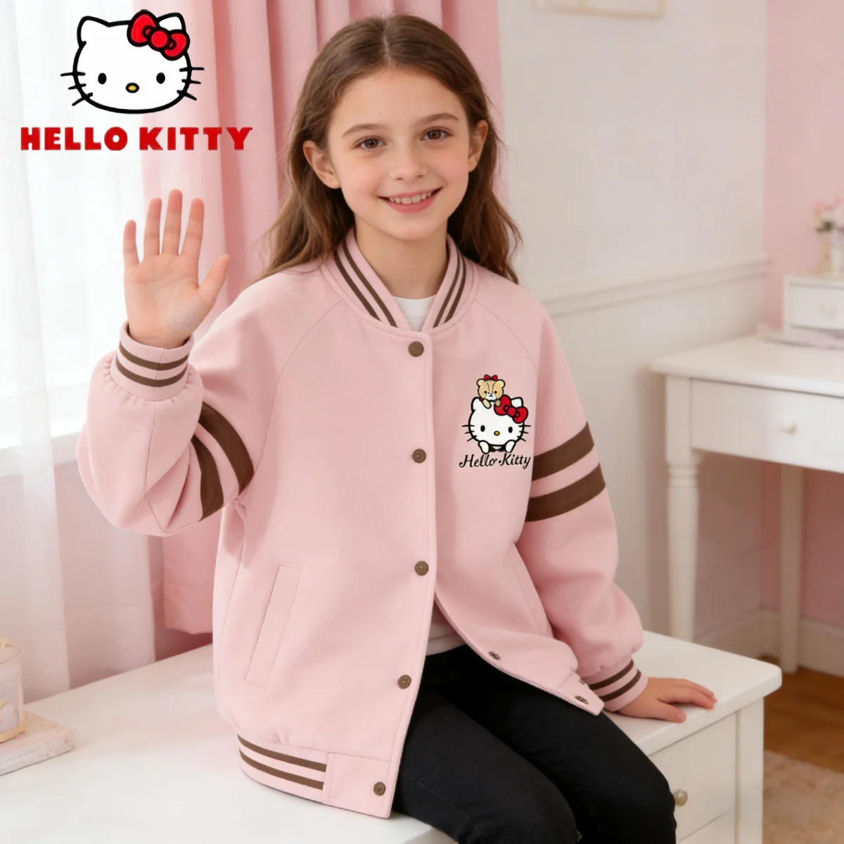 

Hello Kitty Kids Preppy Style Baseball Jacket Girls Cute Print Warm-keeping Outerwear Autumn Winter Thickened Baseball Jacket