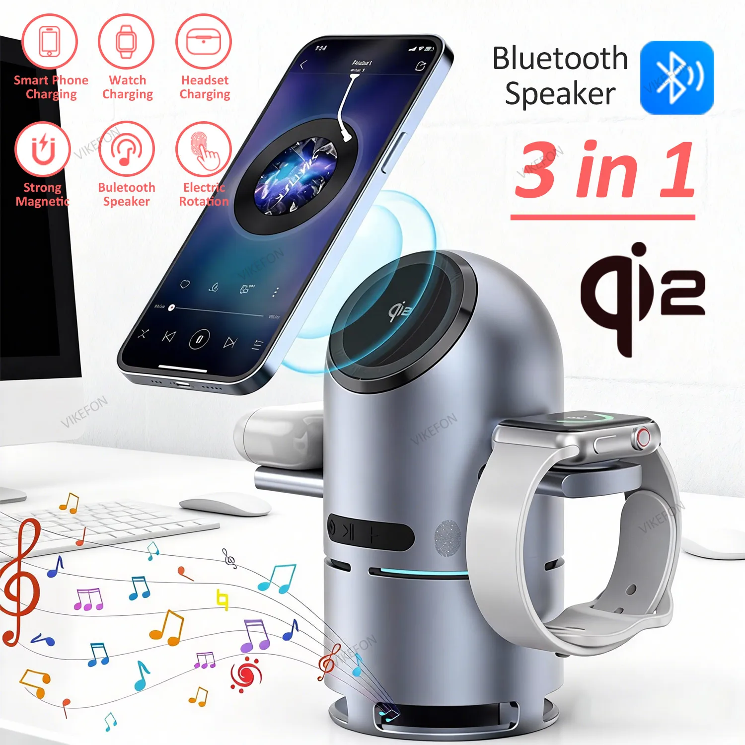 

Светодиодный светильник Bluetooth-динамика с магнитным беспроводным зарядным устройством Qi2 3 в 1 для iPhone 17 ~ 12 Apple Watch Airpods, высококачественный сабвуфер