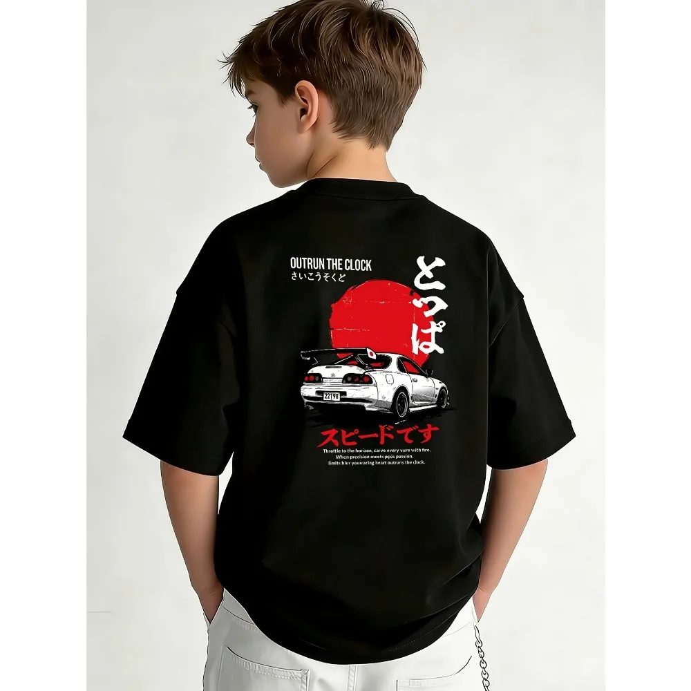 Boys Japanese JDM sports car back printed short-sleeved T-shirt retro red Japanese street style round neck top