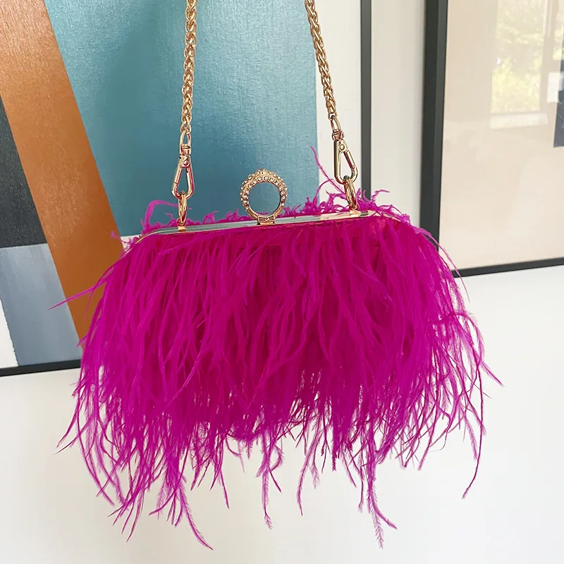 Bolso de mano de lujo con cadena de perlas para mujer, cartera de mano con diseño de plumas de avestruz para fiesta de noche y boda