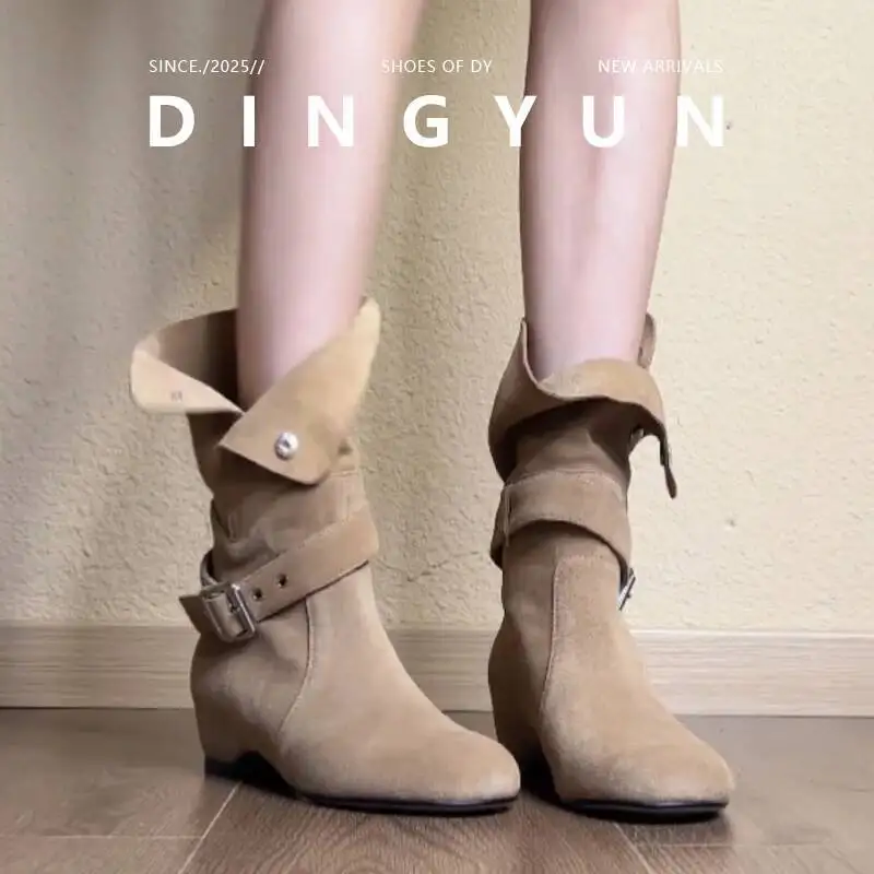

Women Ankle Boots 2025 Autumn New Women's Suede Cowboy Boots Soft Sheepskin Round Toe Belt Buckle Short Boots