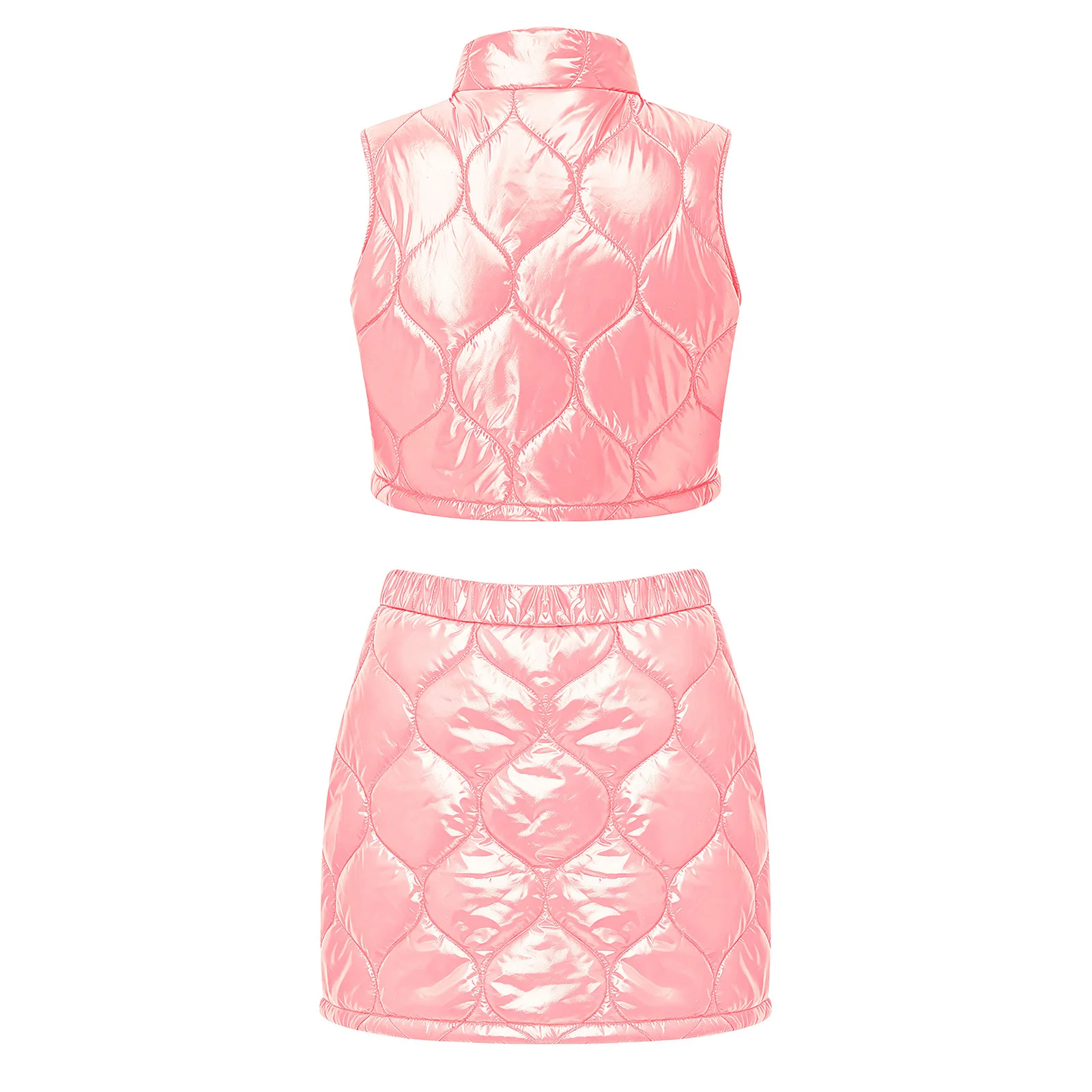 Womens Quilted Puffer Warm Outfit Stand Collar Sleeveless Crop Vest and Miniskirt Sets for Hip Hop Clubwear Dance Competition