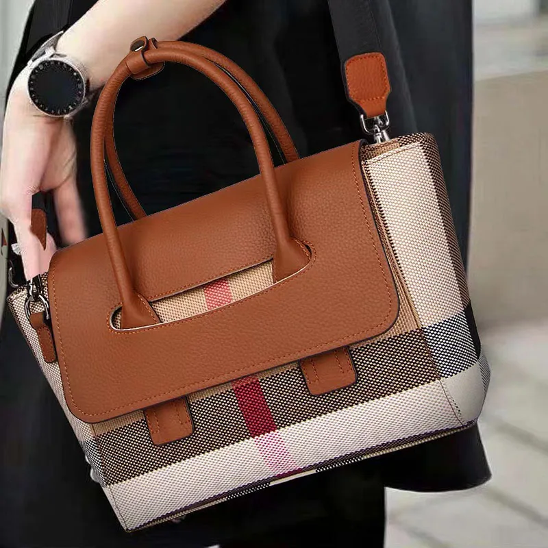 2023 New Leather+Canvas Handbag Vintage Stripe Checked Shoulder Bag Handbag Women's Light Luxury Casual Crossbody Bag