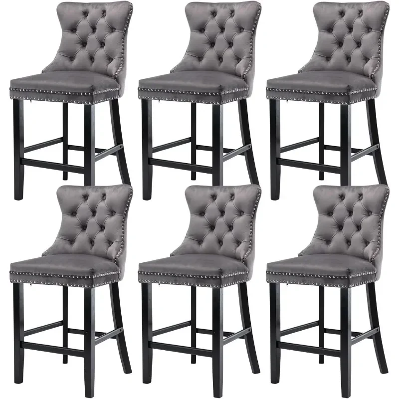 6-piece Beige Bar Stool Set, 27 Inch Modern Velvet Bar Chair with Button Decoration and Nail Head Decoration