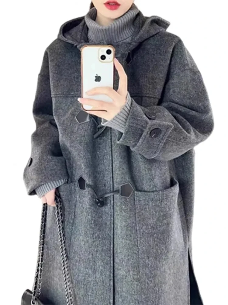 Horn Button Woolen Coat Ladies 2024 New College Style Knee-length Long Sleeve Hooded Joker Fashion Korean Jacket Tide