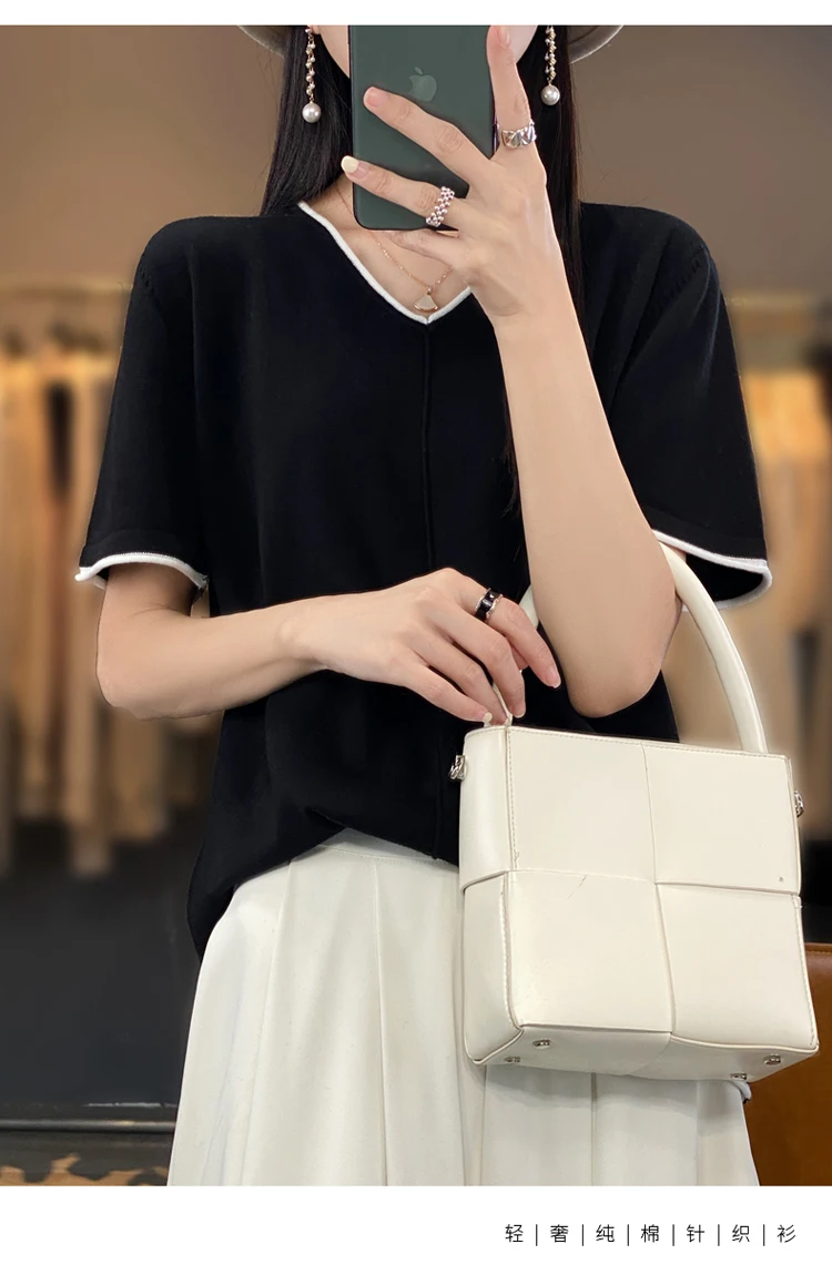 100% Cotton T-Shirt Women's V-Neck Pullover Short Sleeve Summer New Casual Knitting Loose Top Fashion Color Contrast T-Shirt