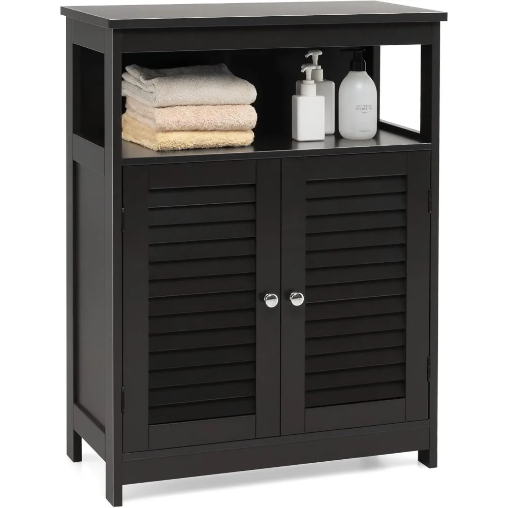 

Bathroom Floor Cabinet, Wooden Freestanding Storage Cabinet with Double Shutter Door & Adjustable Shelf, Storage Cabinet