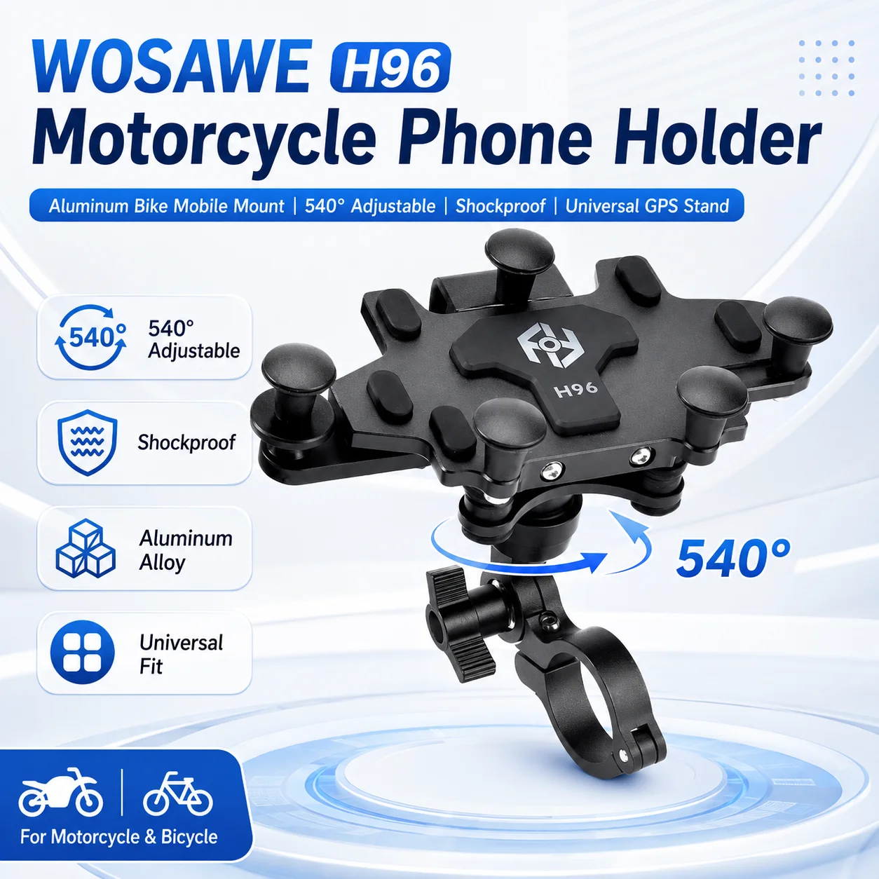 

WOSAWE H96 Motorcycle Phone Holder Aluminum Bike Mobile Mount 540° Adjustable Shockproof GPS Stand Universal Handlebar Bracket