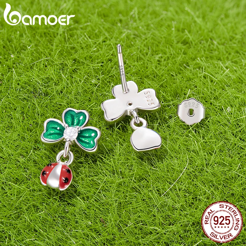 Bamoer 925 Sterling Silver Four Leaf Clover Stud Earrings Luck Spring for Women Girl Wedding Fine Jewelry Gifts
