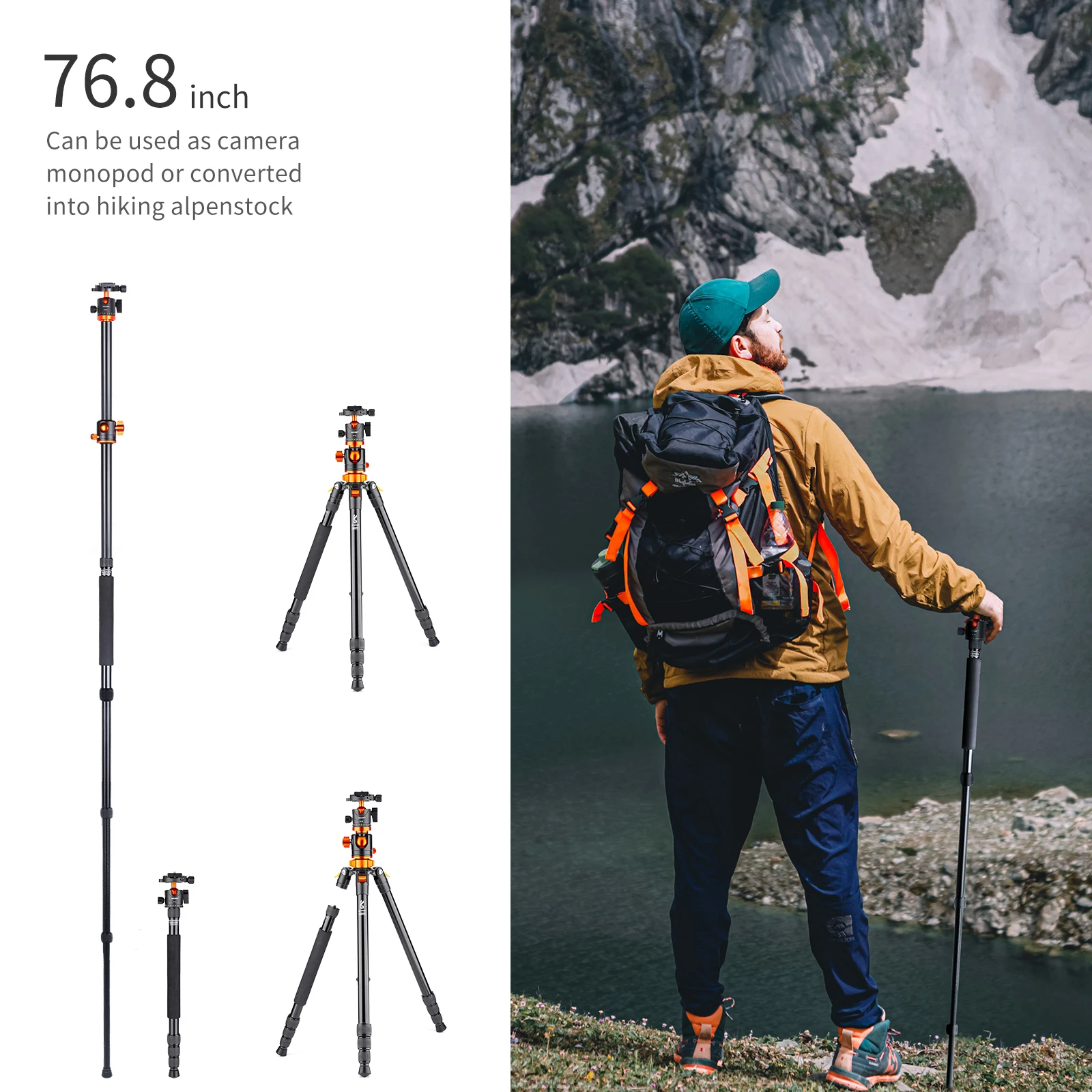 K&F Concept 72.8inch Camera Tripod Professional Center Axis Horizontal Tripods 22lbs/10kg Load Capacity with Detachable Monopod