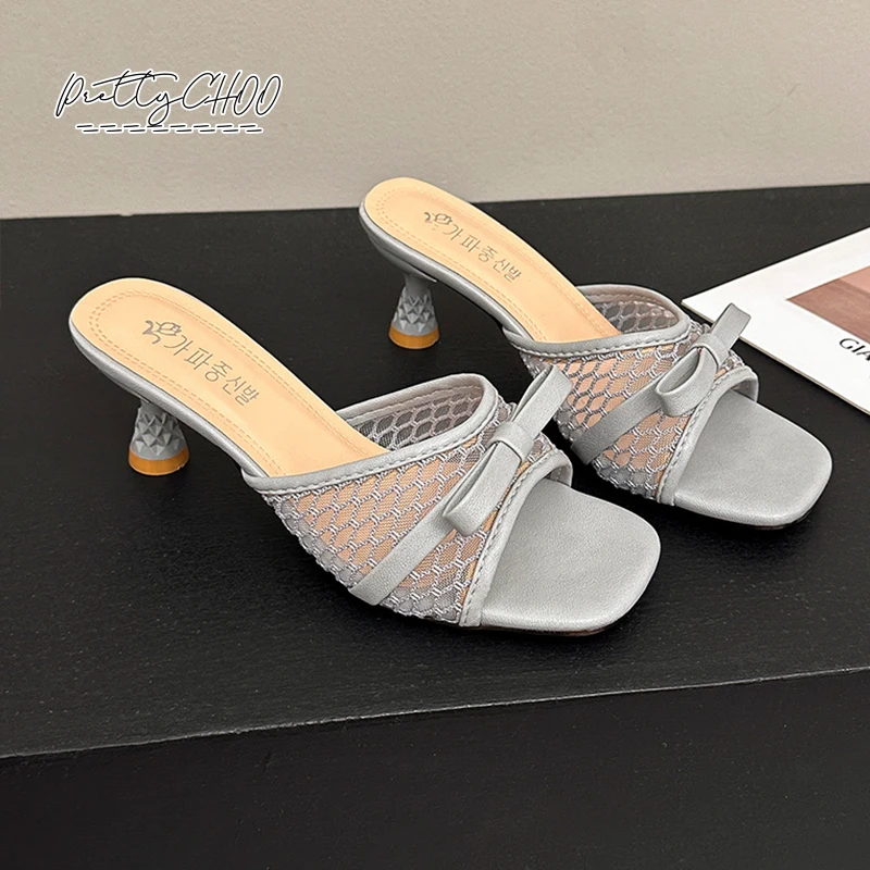Fancy Lace Net Mule Sandals Woman Square Toe Kitten Heel Slide Slippers Ladies Pink Blue Fishnet Bowknot Design Party Dress Shoe