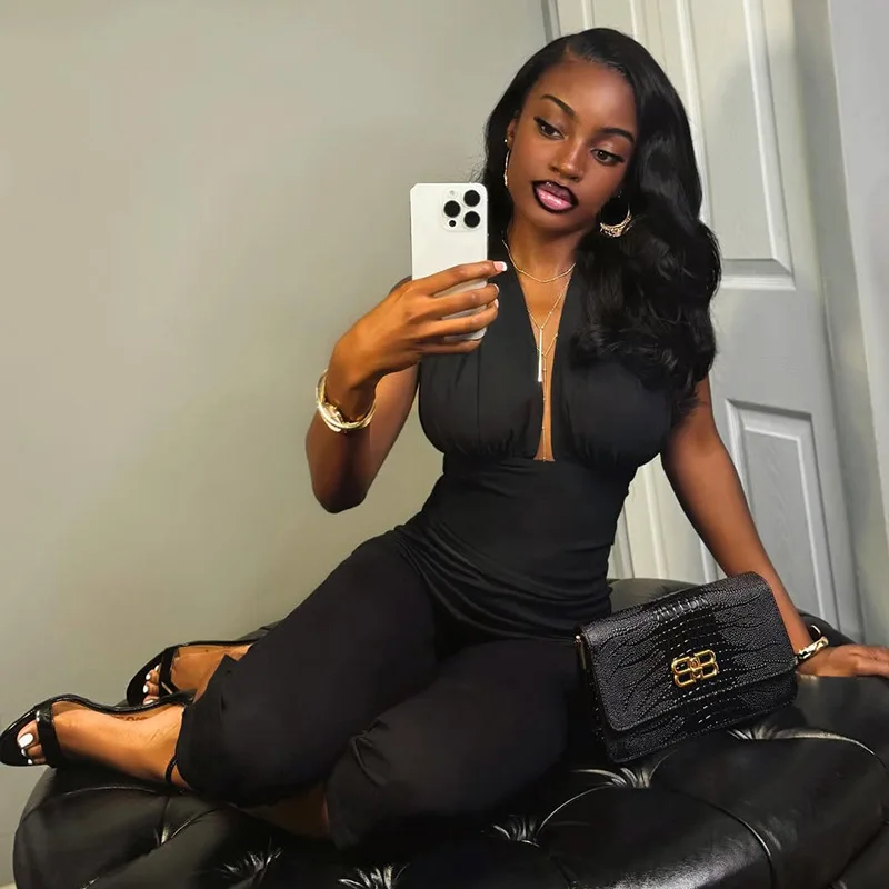 

Women Fashion High Waist Slim Jumpsuit Sexy Ruched Deep V Neck Sleeveless Straight Pants One Piece Overalls Club Party Rompers