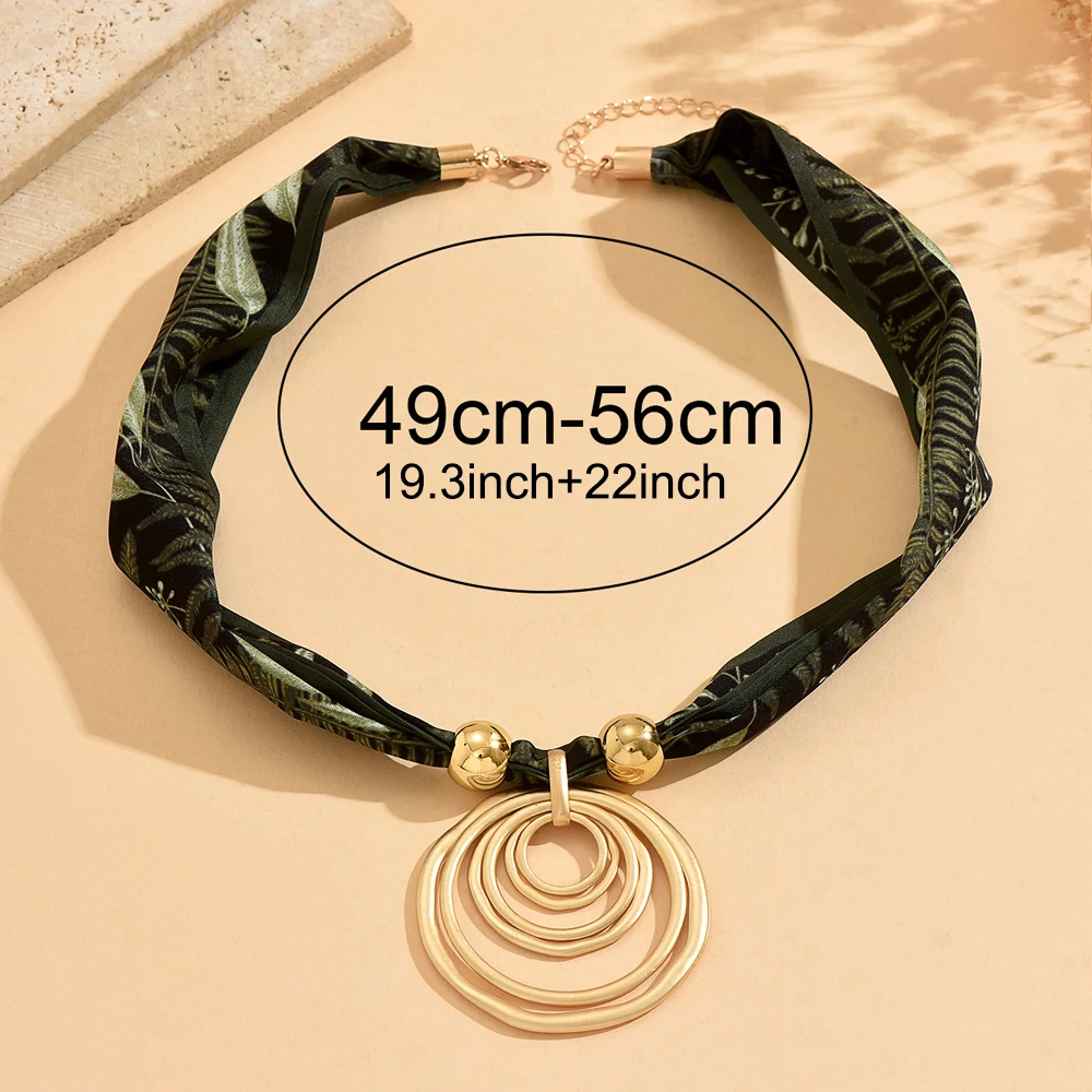 Women Leaf Print Silk Scarf Necklace Gold Multi Layer Circle Pendant Choker Minimal Modern Office Daily Statement Jewelry view 4