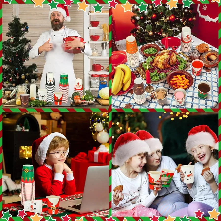 200 Pcs Christmas 9 oz Paper Cups Disposable Coffee Cups Santa Snowman Elk Disposable Hot Cups Xmas Party Drinkware Supplies fo