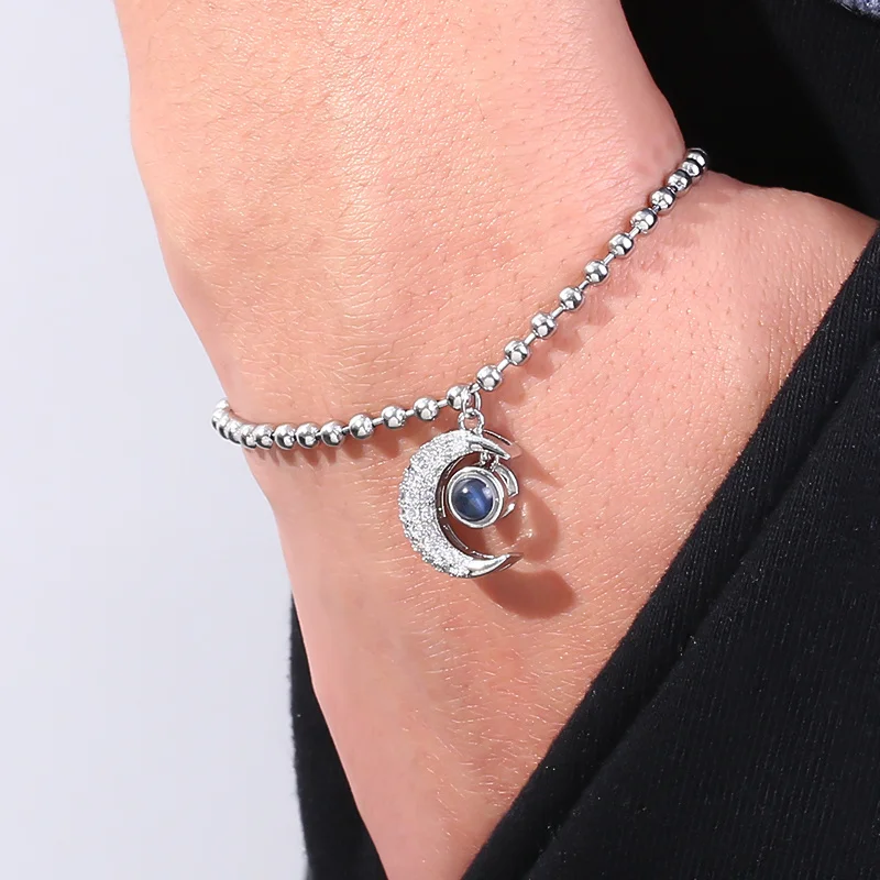Exquisite and Fashionable Moon Projection Round Bead Titanium Steel Bracelet, Birthday Gift Christmas Gift for Family and Friend