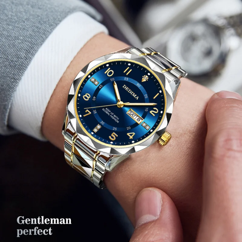 Couple Quartz Watch Trendy Men Women Wristwatch Steel Band Dual Calendar Diamond Waterproof Luminous Large Dial Fashion Watches