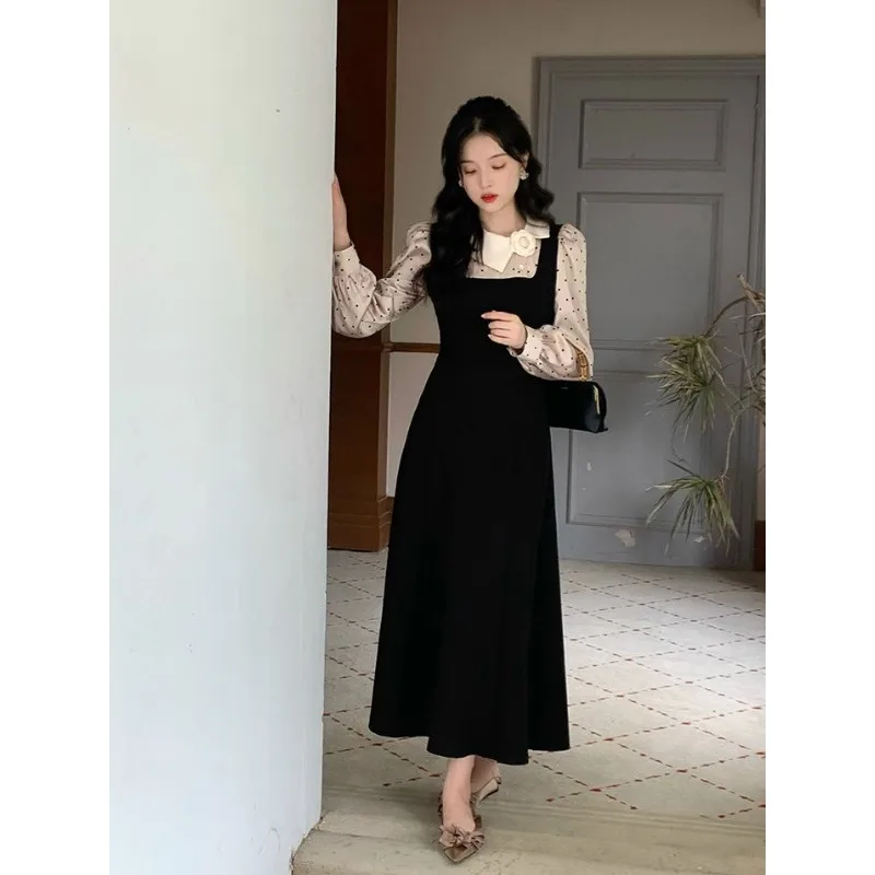 秋のレトロなフレンチウエスト削減と年齢削減サテン水玉模造ツーピーススリムヘップバーン気質ドレス