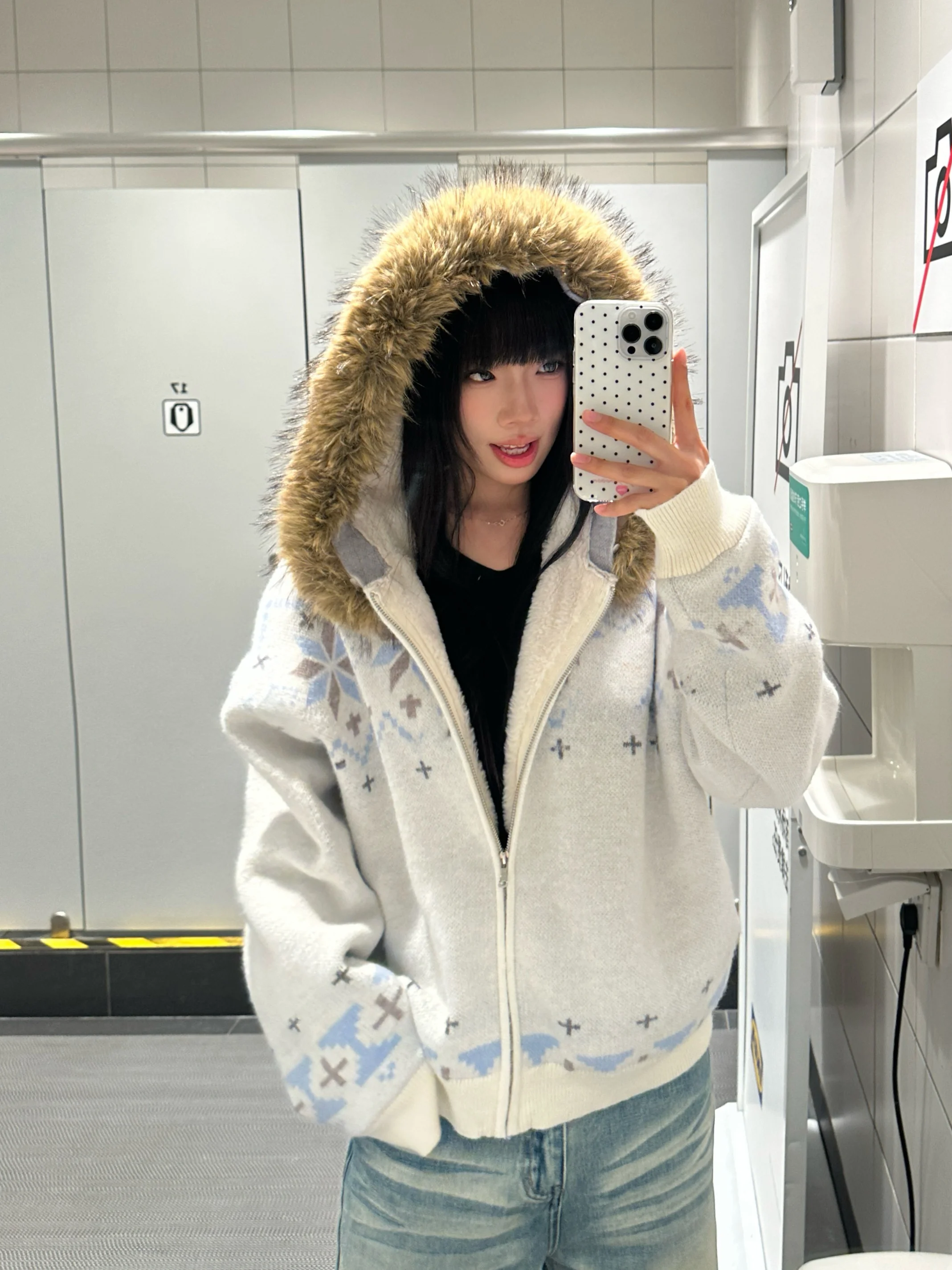 

BeOurRule американский ретро Fair Isle меховой воротник открытый кардиган свитер с капюшоном для мужчин и женщин свободная верхняя одежда на подкладке