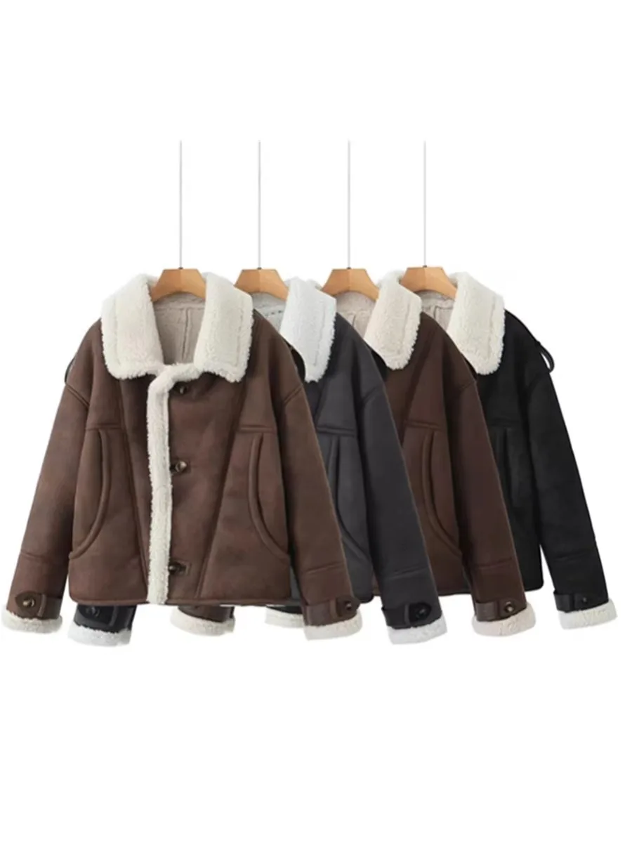 American Retro Street Sle Suede Jaet Loose Lamb Fur Lined Thi Warm Collar Biker Coat Outerwear Women's Winter Faion