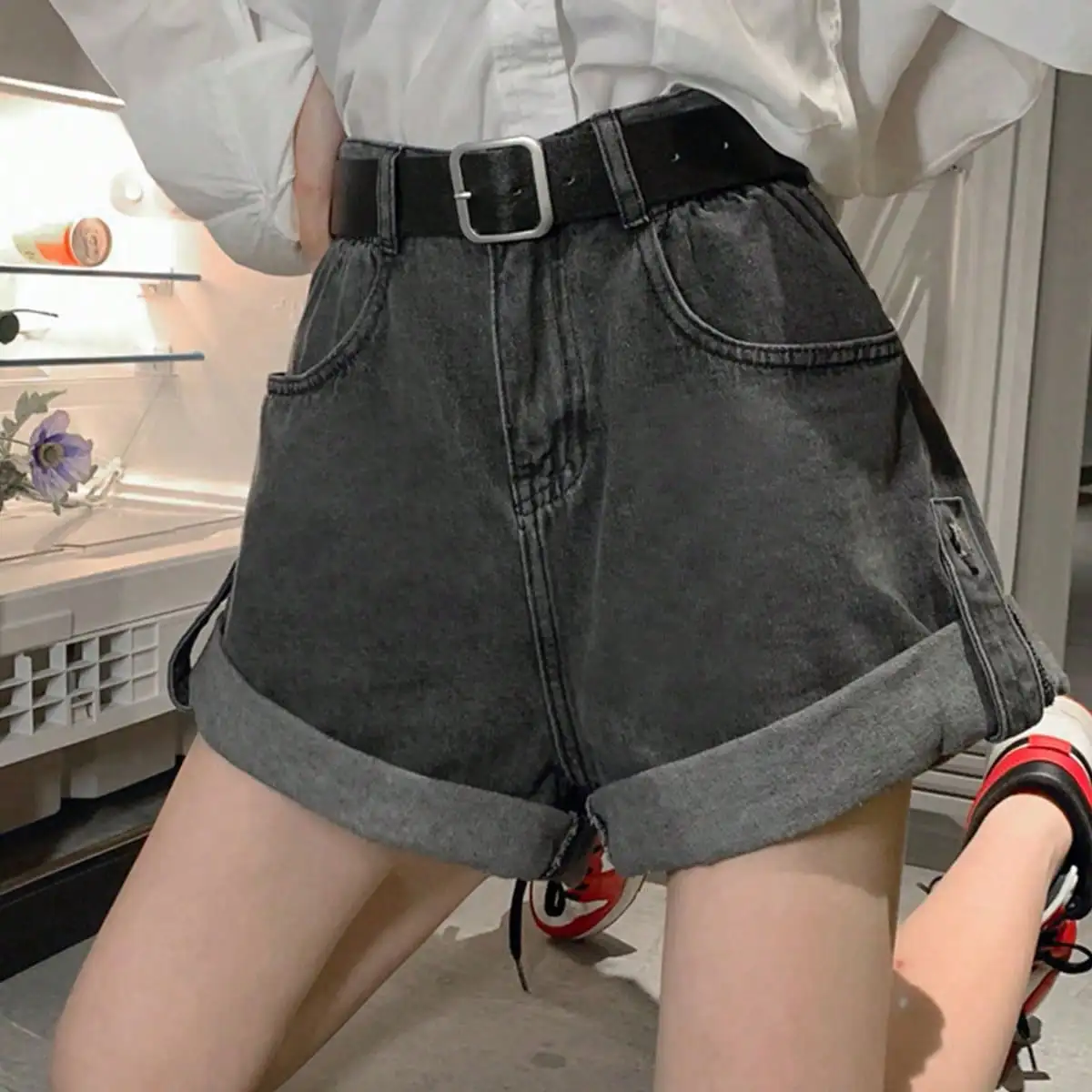 Korean Chic Summer Hong Kong Style Casual Versatile Curled Denim Hot Pants Small Fashion High Waist Wide Leg Shorts for Women