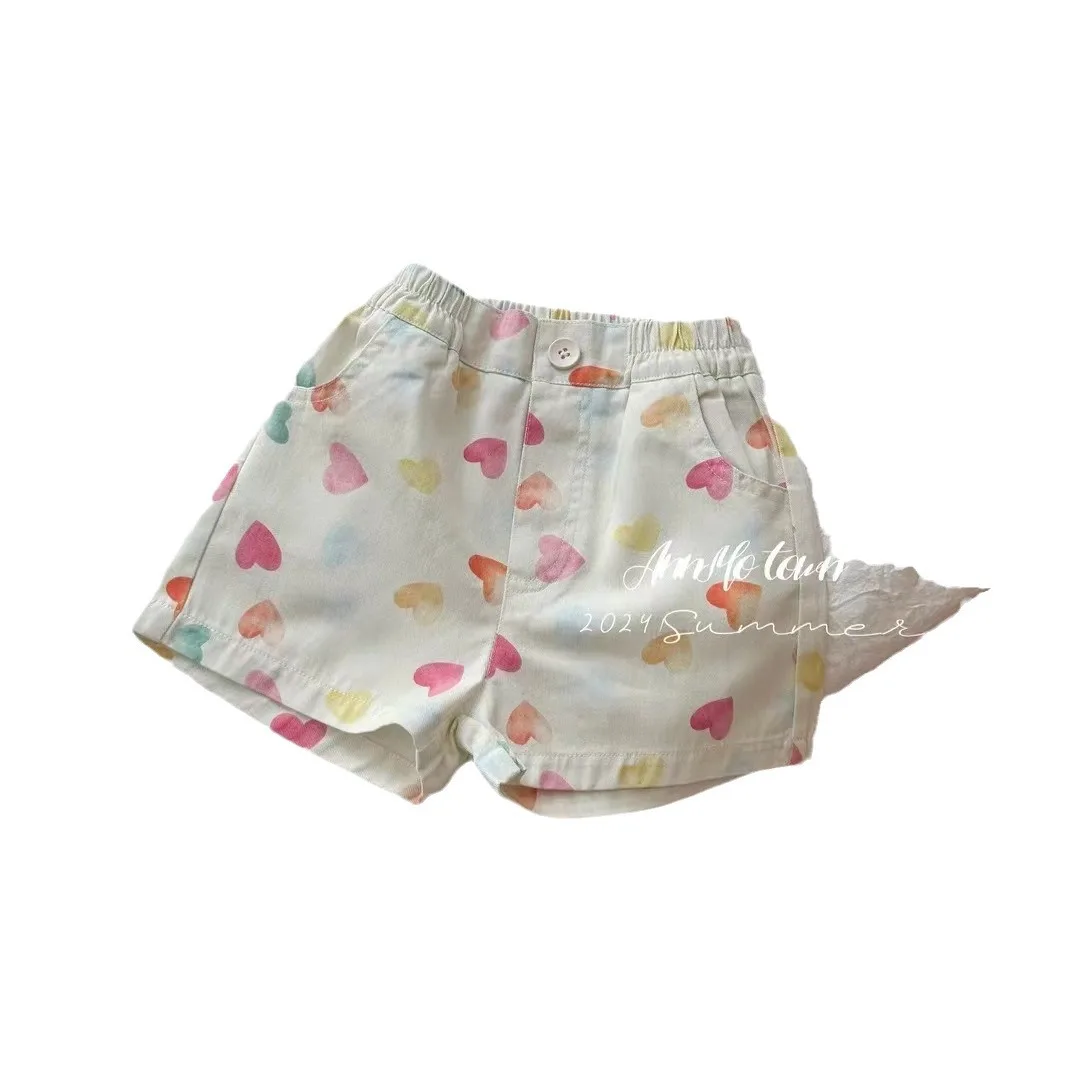 Girls' Summer New Casual Shorts 2024 Little Girl Foreign Sweet Love Print Hot Pants Beach Pants