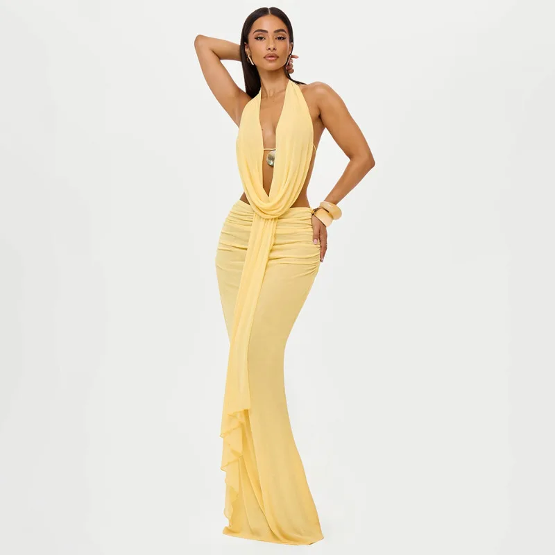 

2026 Autumn New Style Ruffled Collar Pleated Halter Neck Backless Top Sexy Bodycon Skirt Set Summer Maxi Dress Robe Lace Luxury