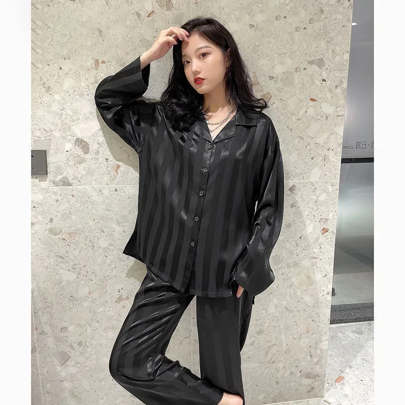 

Plus Size Women Pajamas Fashion Stripes Simple Casual Temperament Sweet Loungewear Solid Color Cardigan Girl Sleepwear Homewear