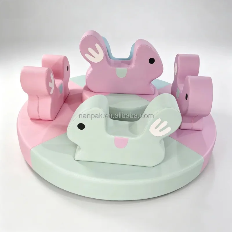 Toddler Soft Play Rotating Carousel Animal Squirrel Shape Foam Merry Go Round Indoor Play Set for Event Party Rental