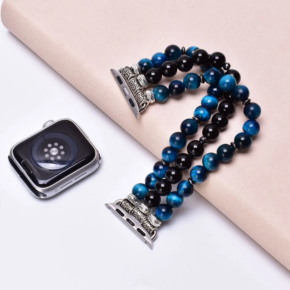 Tiger Eye Black Onyx Apple Watch Band 38mm 40mm 41mm 42mm 44mm 45mm Natural stone Beaded Bracelet Strap for Iwatch Series 1-SE