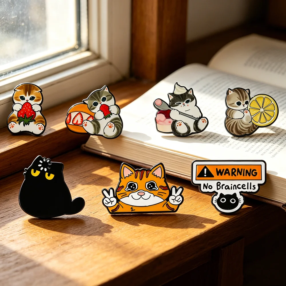 3-7pcs Set Cute Cartoon Cat Enamel Pins Kawaii Fruit Kitten Lapel Badges Funny Black Cat Brooches Jewelry Gift for Cat Lovers