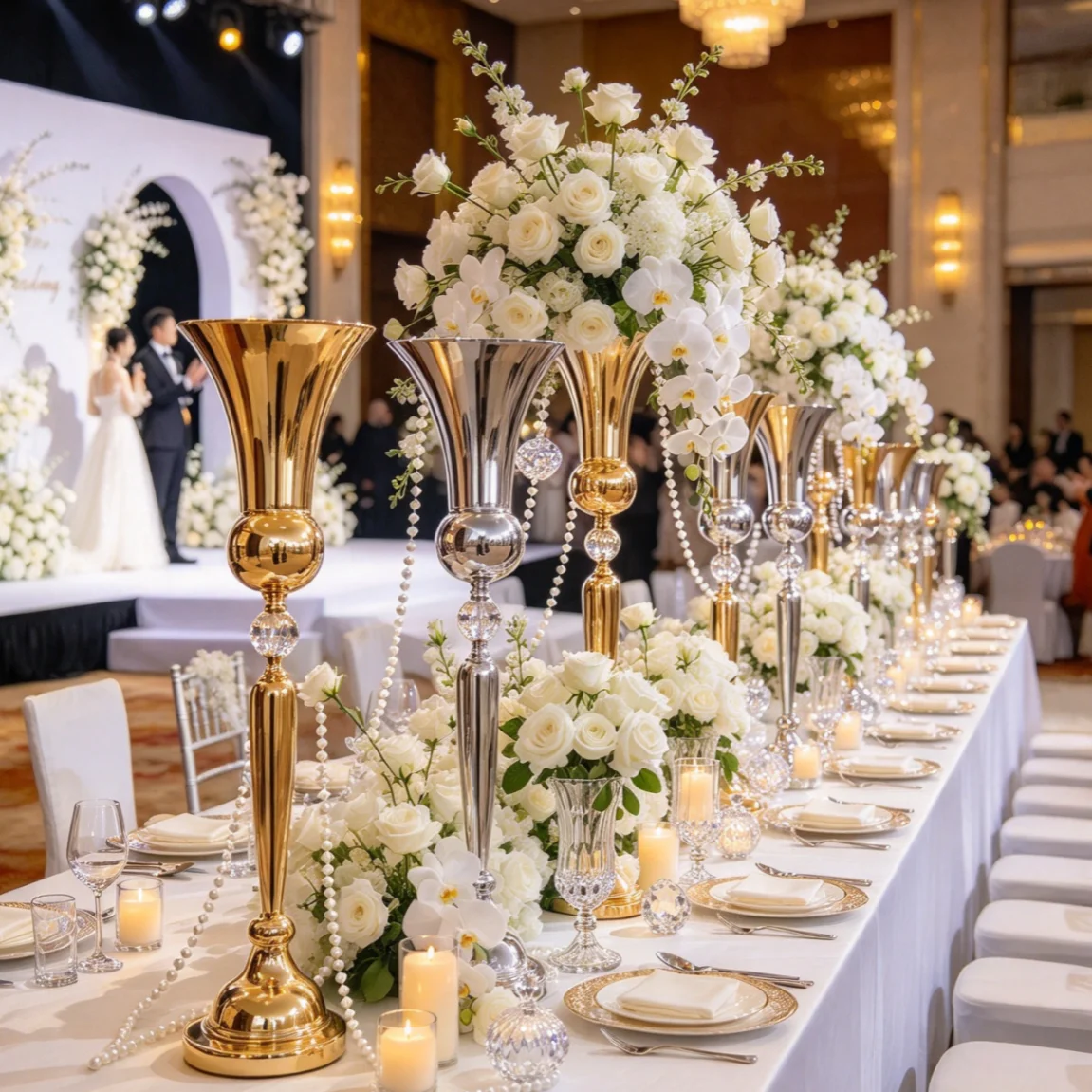 10pcs) New European metal trumpet-shaped large wedding table center piece gold vase flower stand