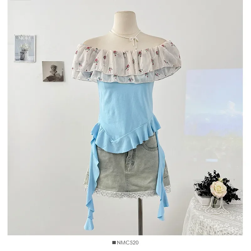 Women's Black Off-Shoulder Short Sleeve Top Floral Print Ruffle Detail Asymmetrical Slim Fit Blouse