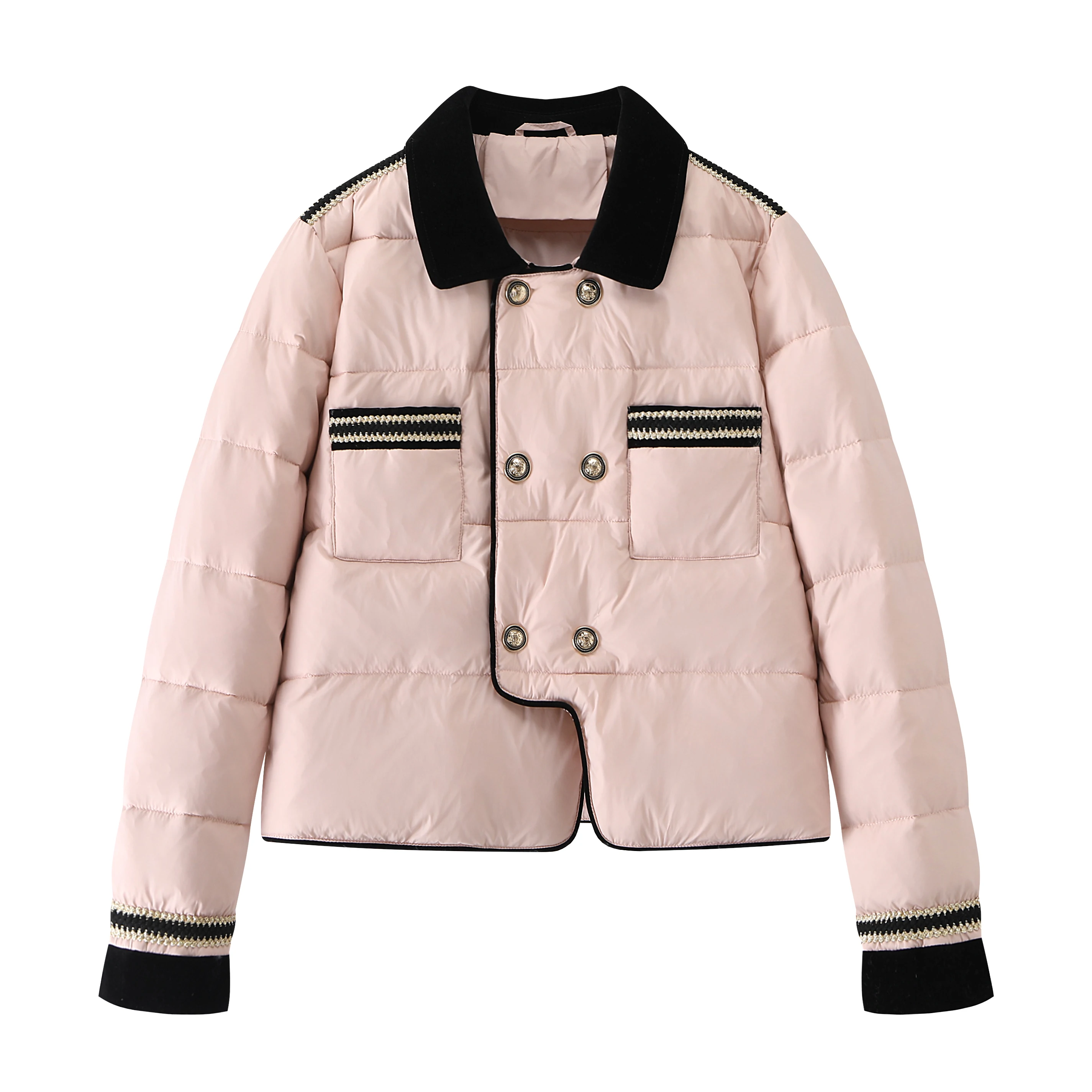 

Fashion Pink Winter Puffer Jacket Double Breasted Lapel Collar Short Women Cotton Padded Coat Chic Female Warm Outerwear