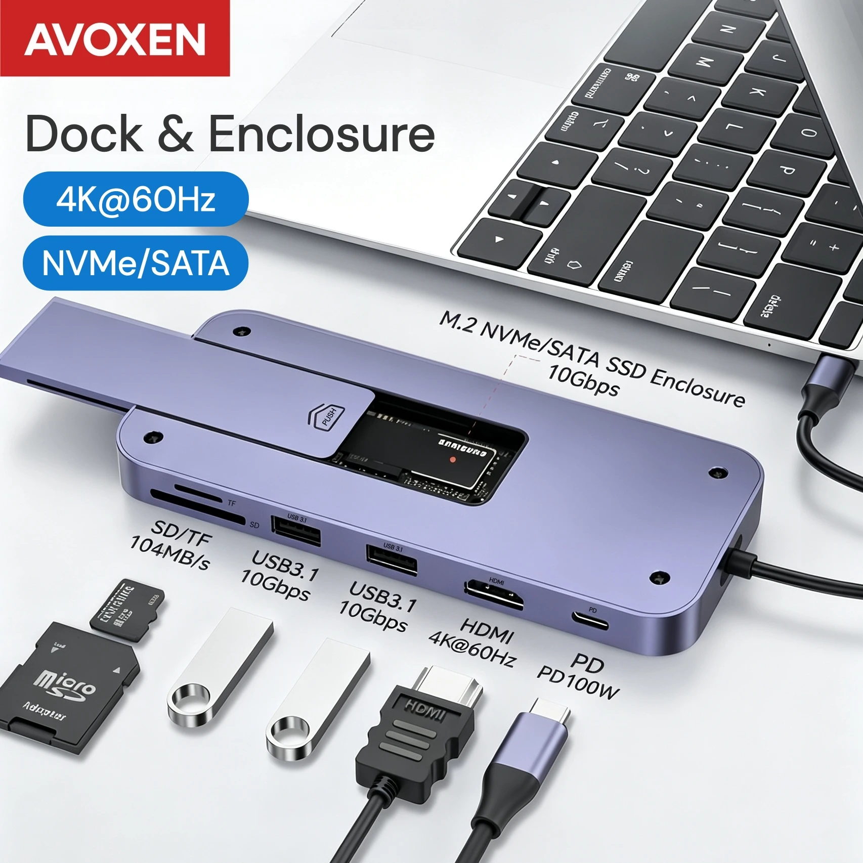 USB C Hub HDMI 4K 60Hz 10Gbps PD 100W Card Reader Docking Station Multiport Adapter with M.2 NVMe SATA SSD Enclosure for Laptop