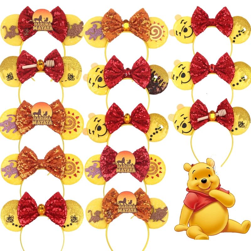 

2025 Disney Winnie The Pooh Ears Headband 5"Sequin Bow Hairband For Girls Boys Festival Party DIY Hair Accessories Gift Boutique