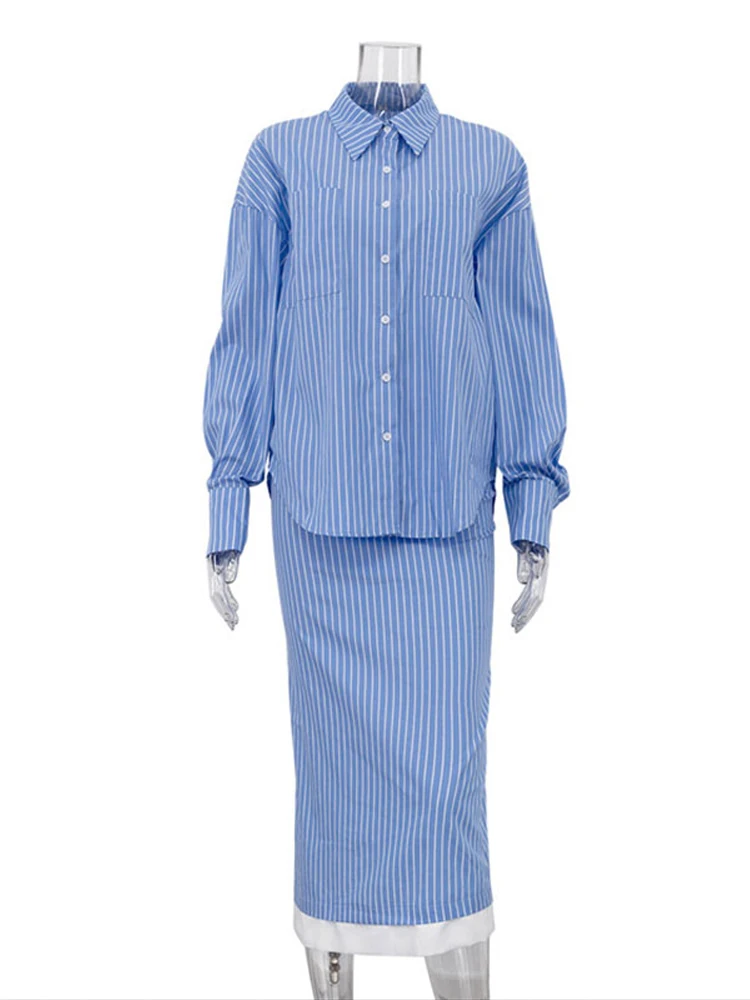 

Fashion Stripe Top Skirt 2 Piece Set Women Turn-down Collar Top High Waist Slim Skirts Suit 2025 Summer Lady Chic Casual Sets
