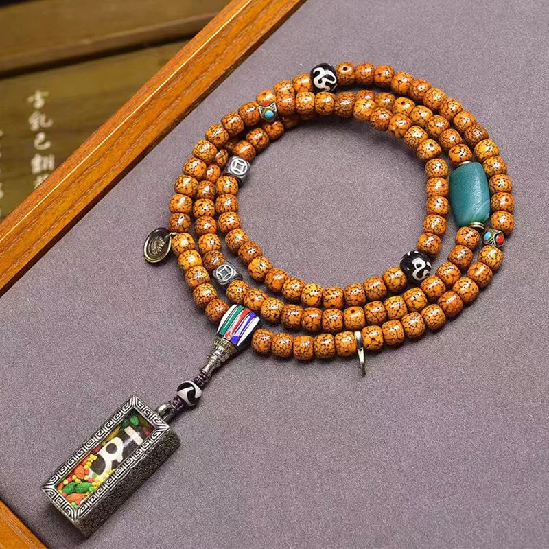 Natural aged material with crackle patterns Star-Moon Bodhi Buddha beads neck pendant God of Wealth Dzi bead Gahu box pendan