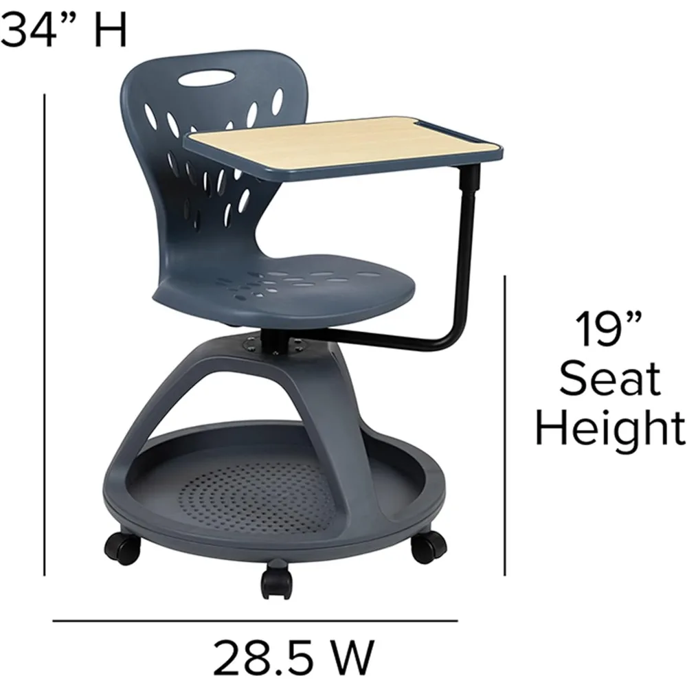 Silla de oficina móvil con tableta giratoria de 360 grados, asiento de almacenamiento para aulas y estudio, color gris oscuro