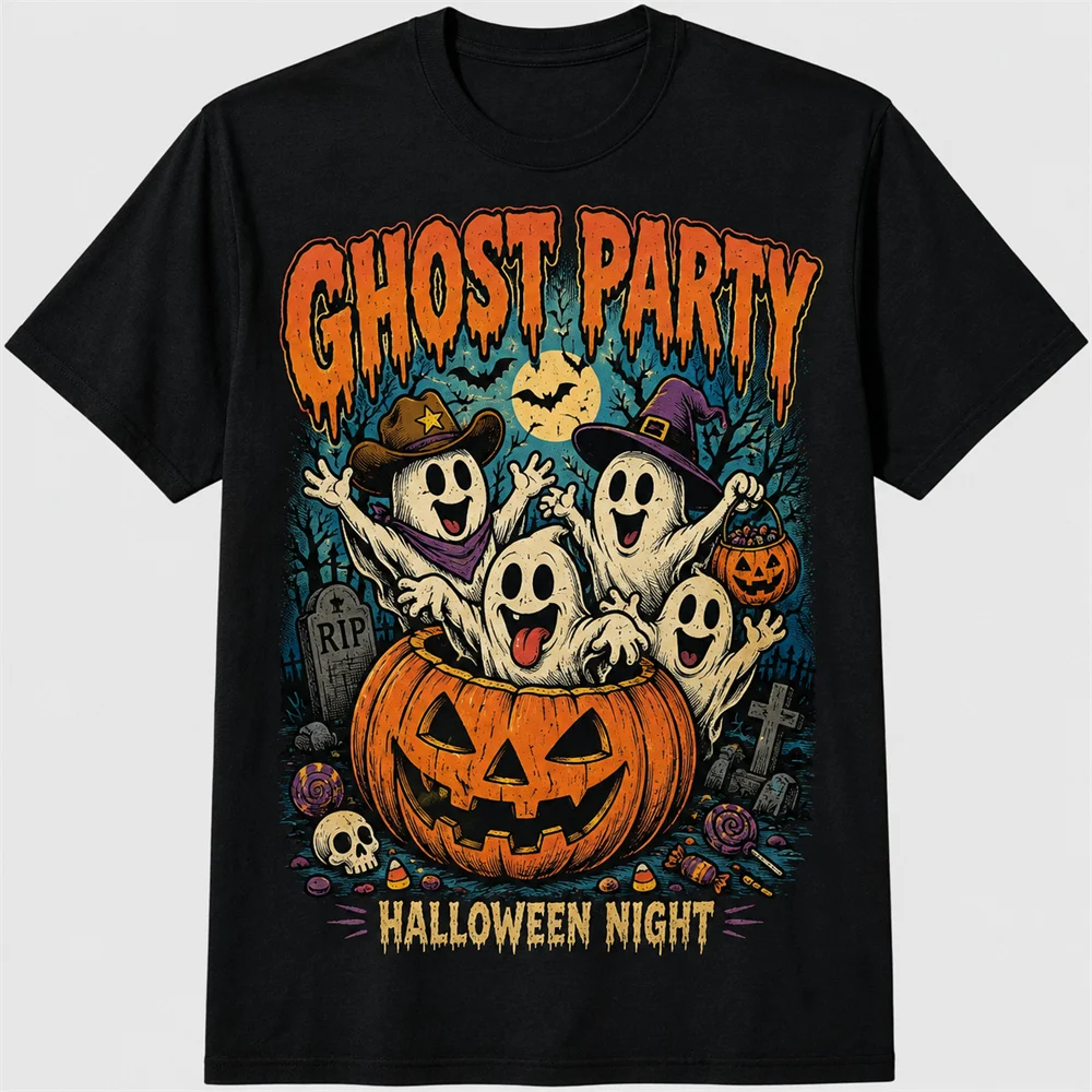 Happy Halloween T-shirt For Men Fun Holiday Slogans 3D Print Black Short Sleeve Tee Shirts Pumpkin Skull Ghost Design Trend Gift