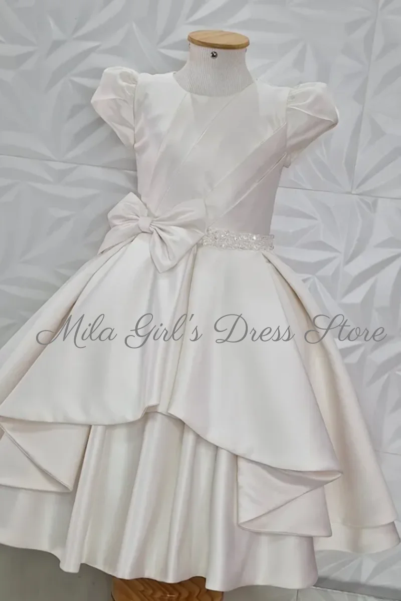Customized Ivory Flower Girl Dress With Bow Satin Pleated Short Sleeve Ruffles Wedding Birthday Prom Party Ball Banquet Gown