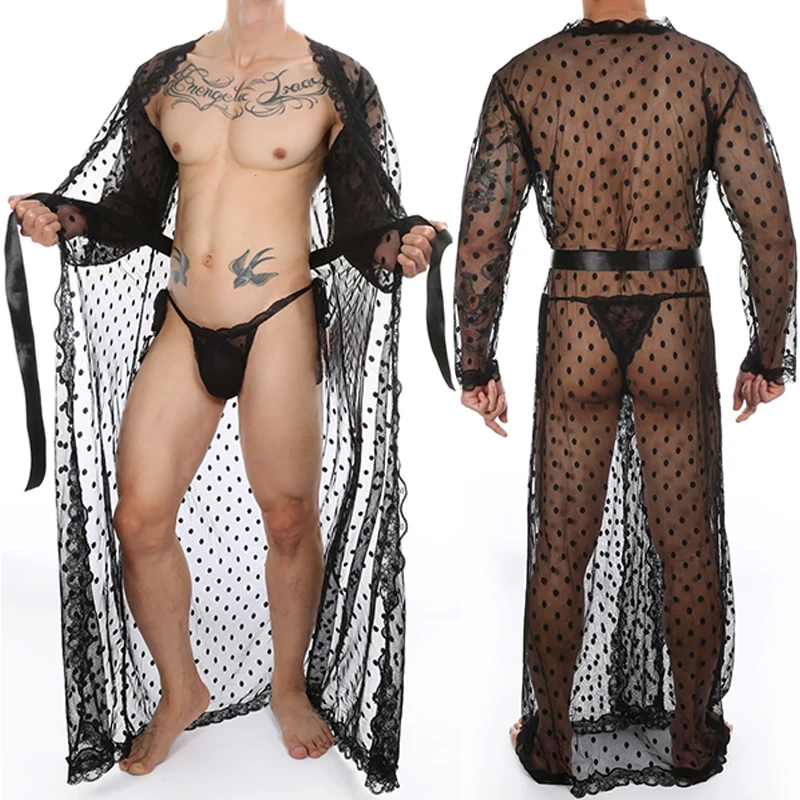 CLEVER-MENMODE Men Sexy Long Dress See Through Transparent Sleeping Wear Bathrobe Set with Adjustable Thong Exotic Lingerie 2pcs